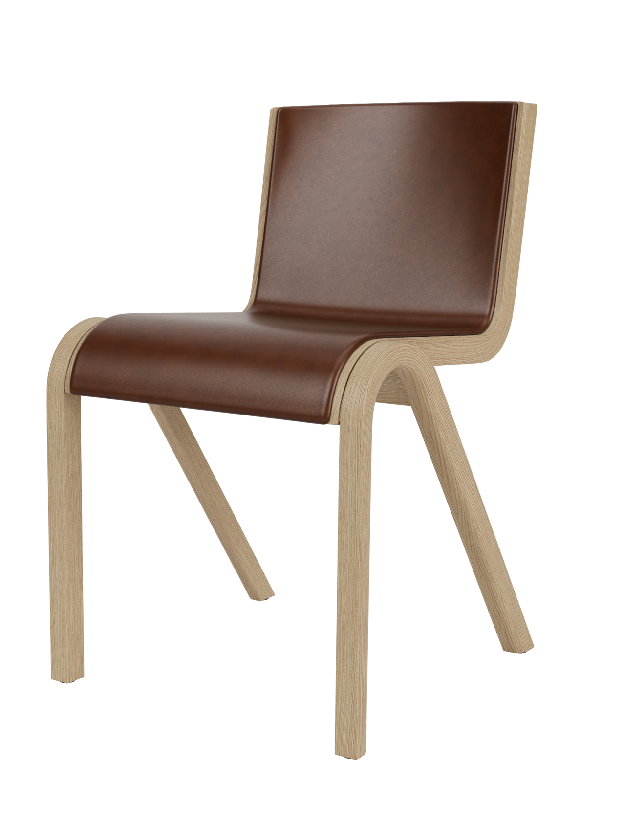 Ready Dining Chair in natural oak with brown leather upholstery, showcasing its sculptural, cantilevered design.