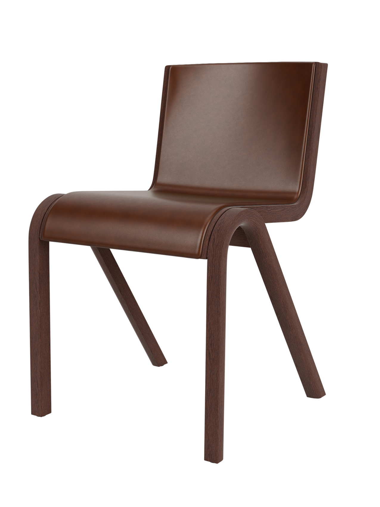 Ready Dining Chair in red stained oak with dark brown front upholstery and a minimalist cantilevered silhouette.