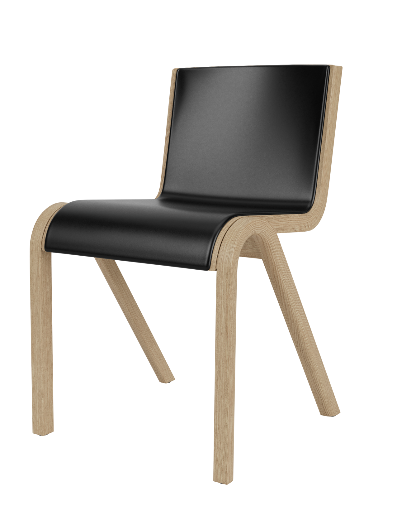 Ready Dining Chair in natural oak with black leather front upholstery, featuring a sleek, curved form-pressed design.
