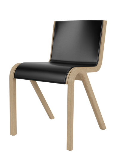 Ready Dining Chair in natural oak with black leather front upholstery, featuring a sleek, curved form-pressed design.