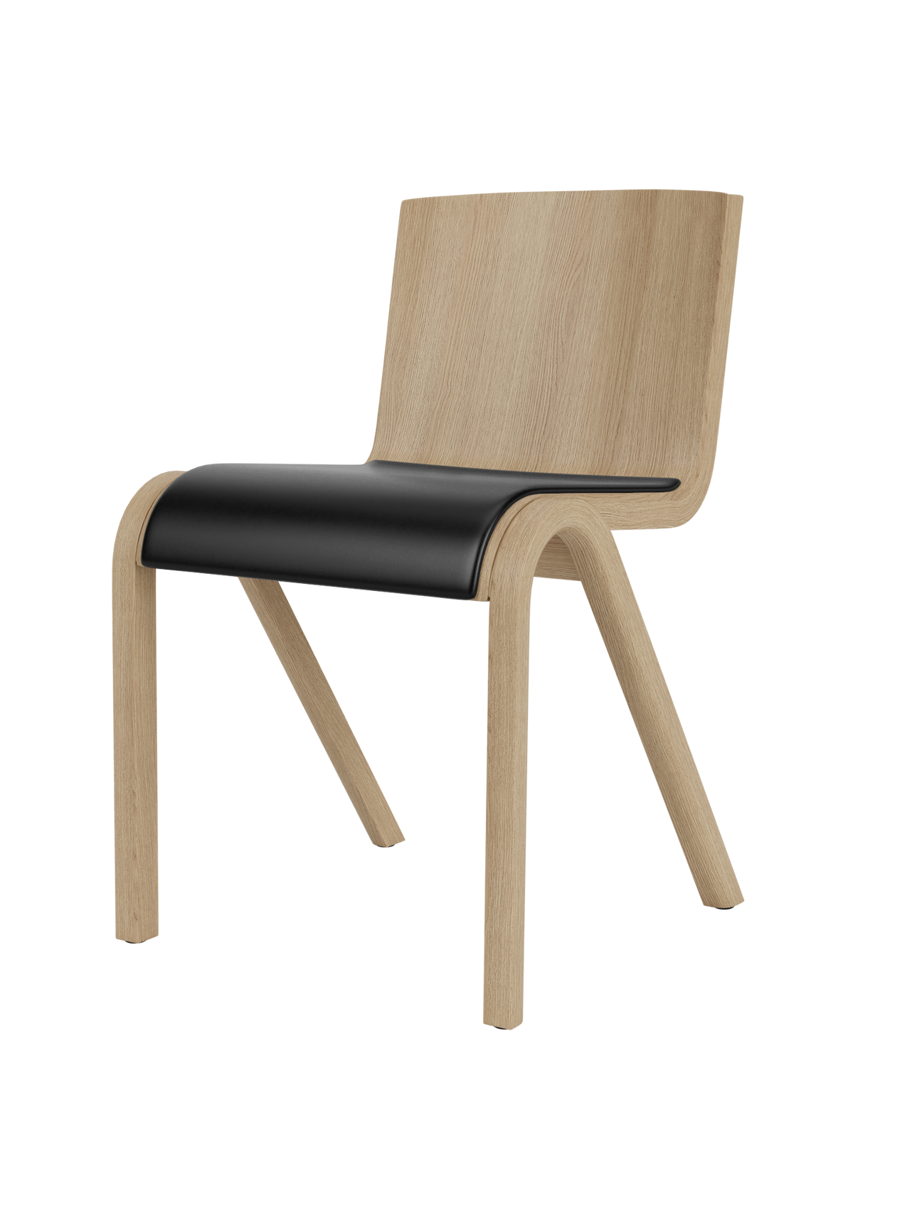 Ready Dining Chair in natural oak veneer with a black leather seat, featuring a curved, cantilevered silhouette.