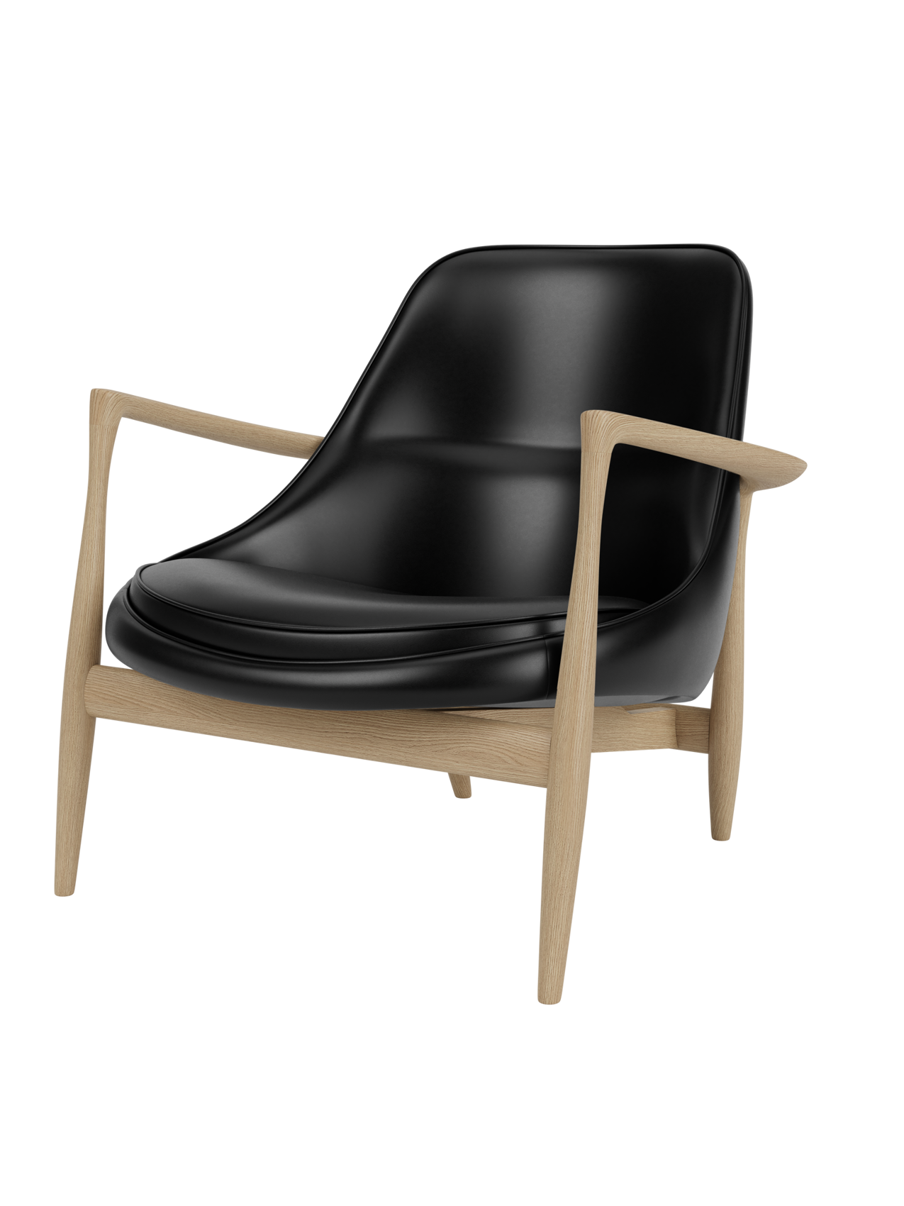 Elizabeth Lounge Chair in natural oak with black leather upholstery, showcasing sculpted armrests and a low seat.