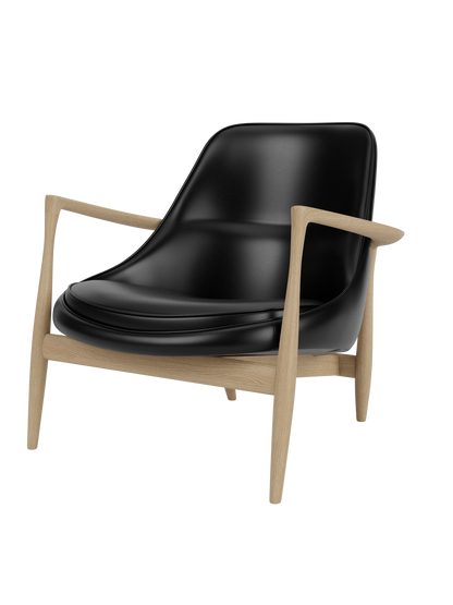Elizabeth Lounge Chair in natural oak with black leather upholstery, showcasing sculpted armrests and a low seat.