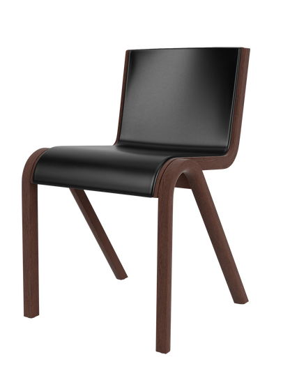 Red stained oak Ready Dining Chair with black leather front upholstery and a cantilevered silhouette.