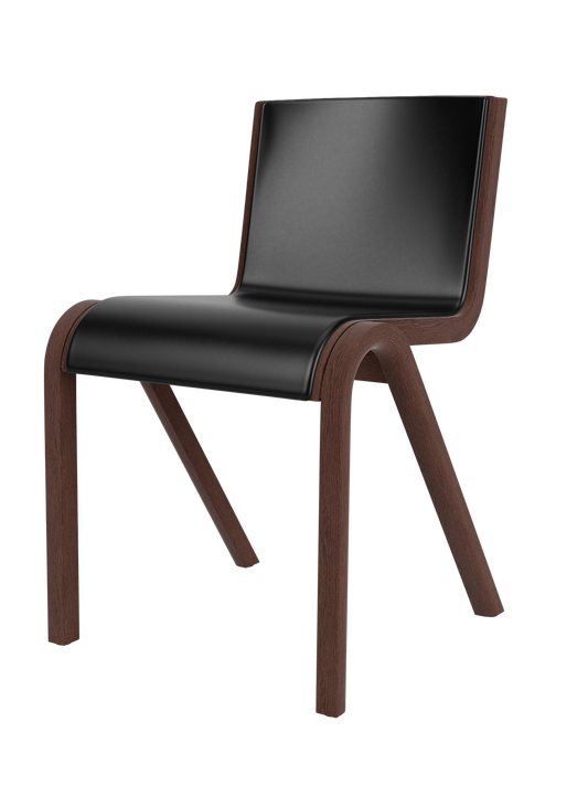 Red stained oak Ready Dining Chair with black leather front upholstery and a cantilevered silhouette.