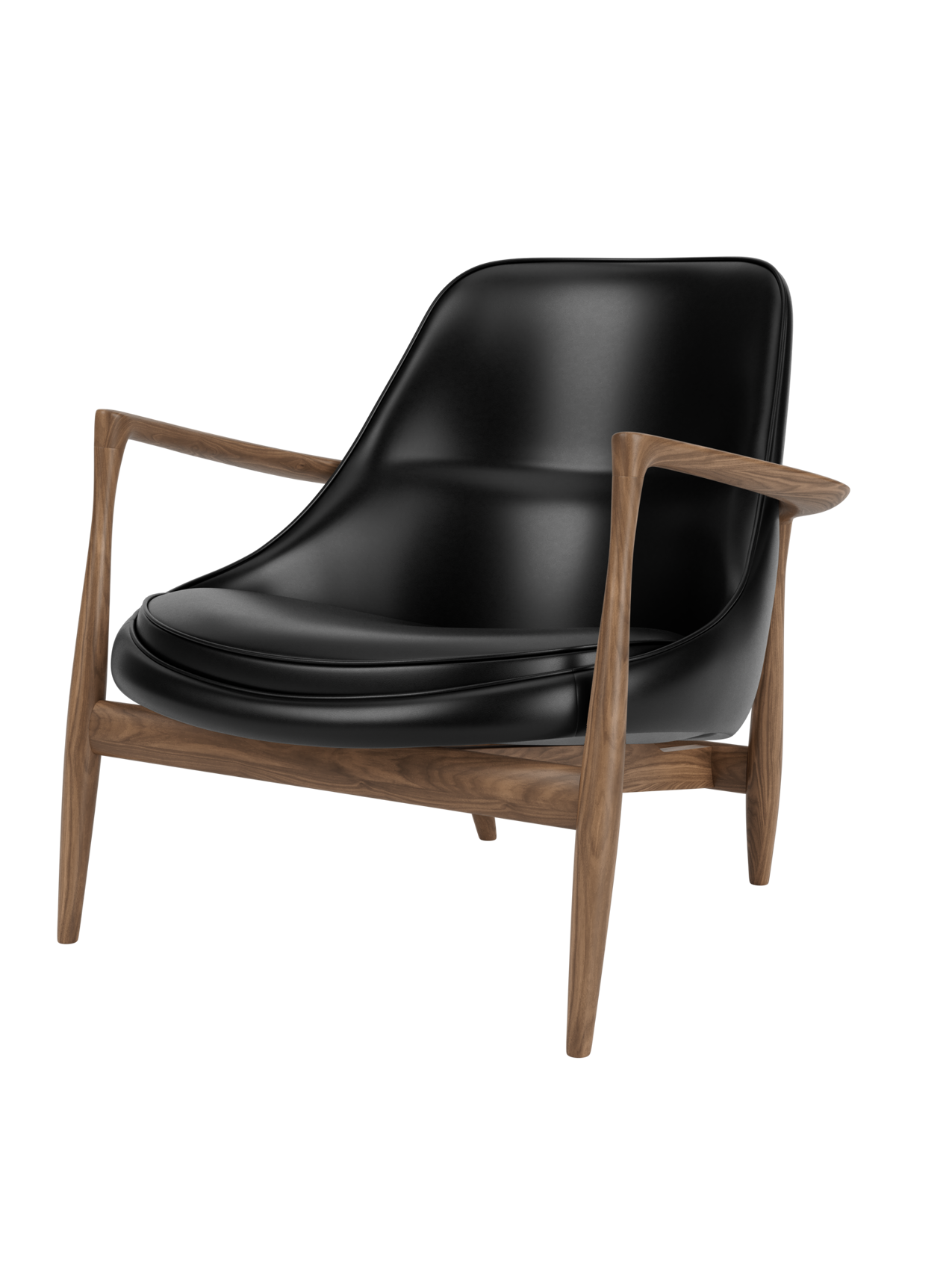 Elizabeth Lounge Chair in oiled walnut and black leather, featuring iconic sculpted armrests and a low-slung profile.