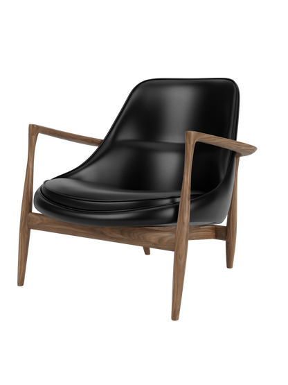 Elizabeth Lounge Chair in oiled walnut and black leather, featuring iconic sculpted armrests and a low-slung profile.