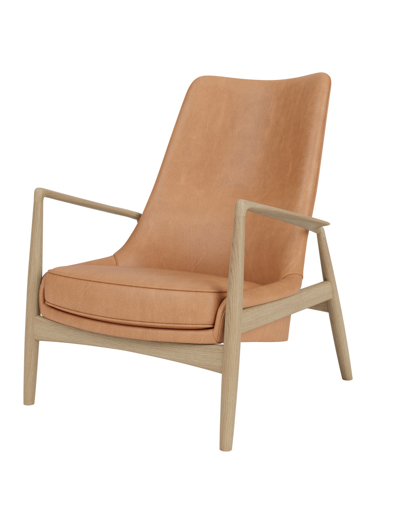 The Seal Lounge Chair, High Back in camel leather and natural oak, with an elegant, angled frame on a white background.