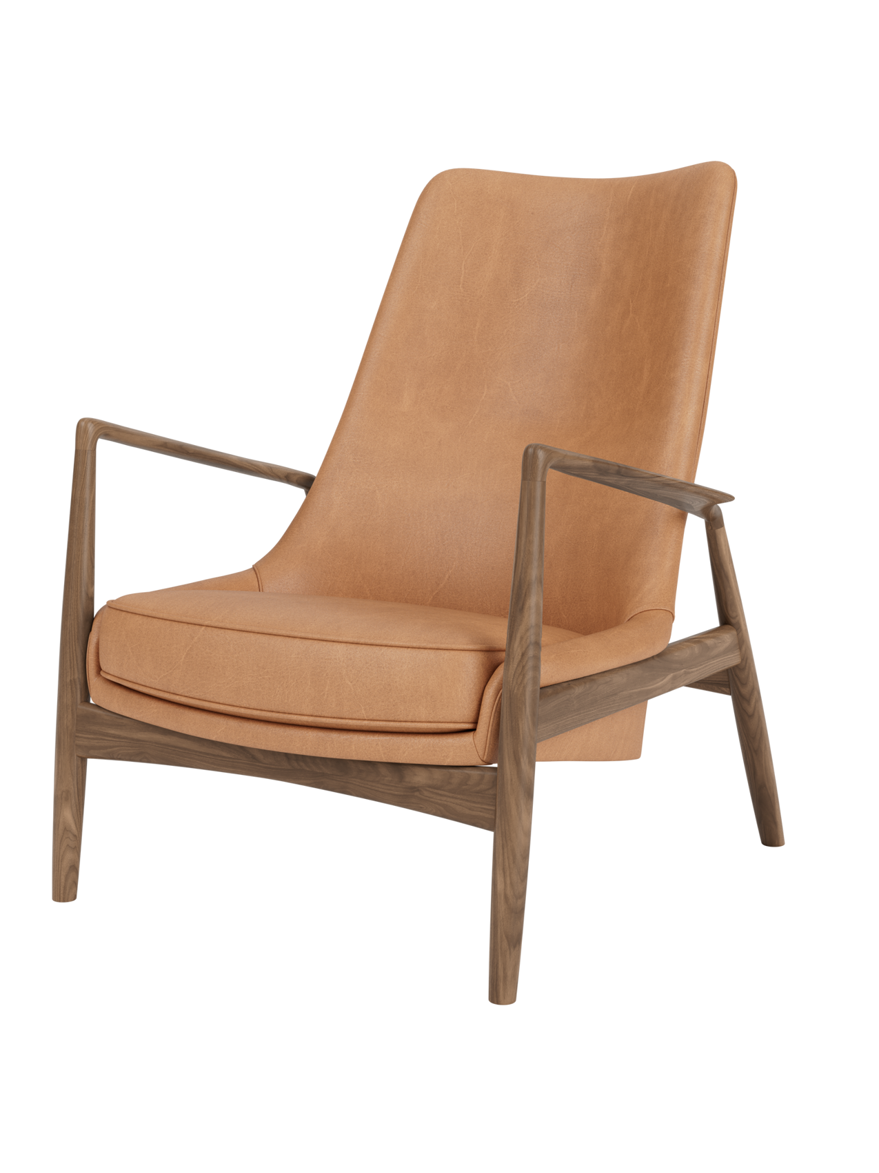 The Seal Lounge Chair, High Back in camel leather and solid walnut frame, featuring signature angled armrests.