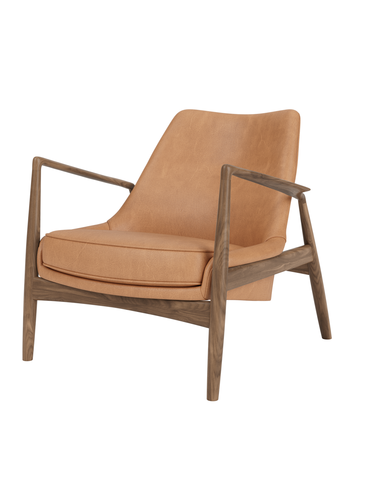 The Seal Lounge Chair, Low Back with an oiled walnut frame and Dunes Camel leather upholstery in an organic design.