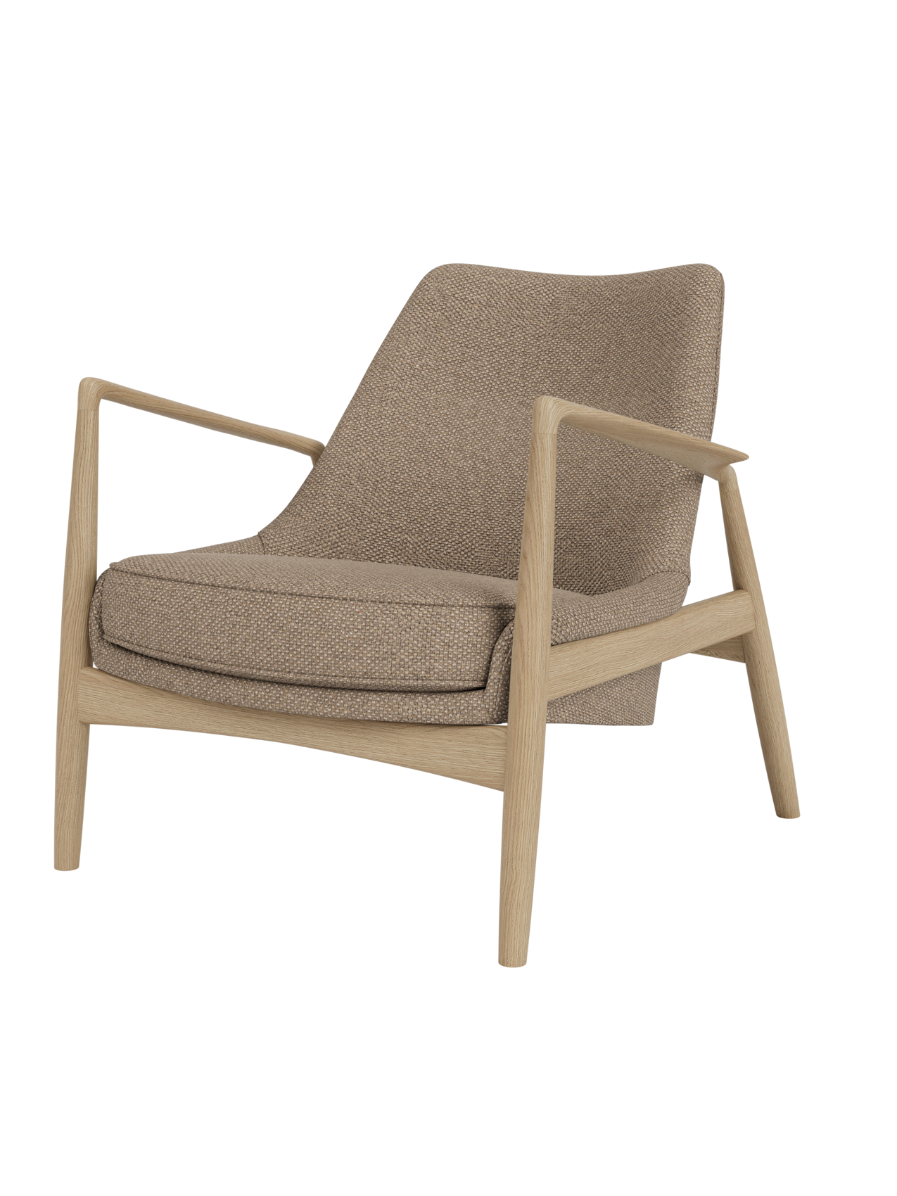 The Seal Lounge Chair, Low Back in natural oak with textured Logan Flint fabric and an organic wooden frame.