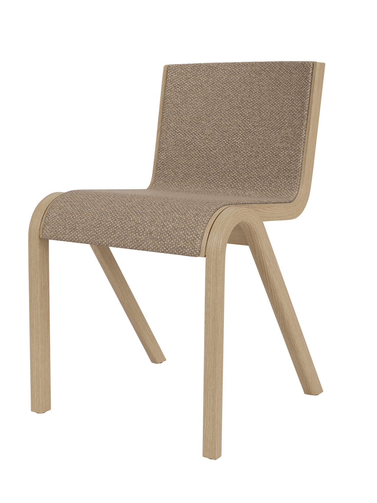 Ready Dining Chair in natural oak with Logan Flint front upholstery, showcasing its curved cantilevered wood design.