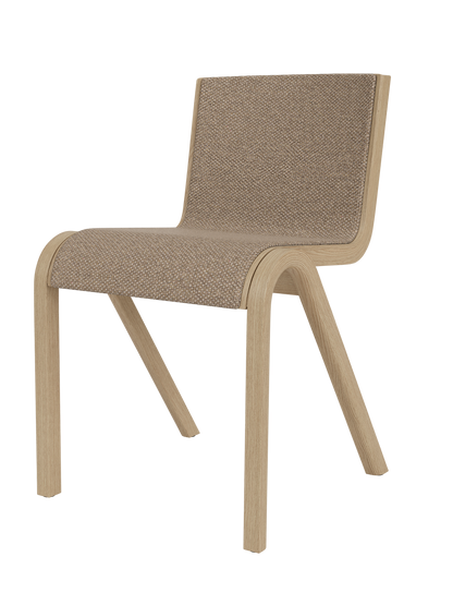 Ready Dining Chair in natural oak with Logan Flint front upholstery, showcasing its curved cantilevered wood design.
