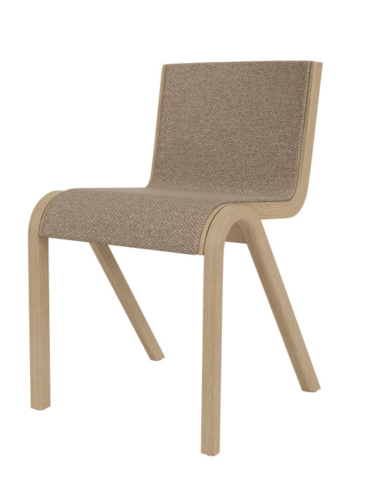 Ready Dining Chair in natural oak with Logan Flint front upholstery, showcasing its curved cantilevered wood design.