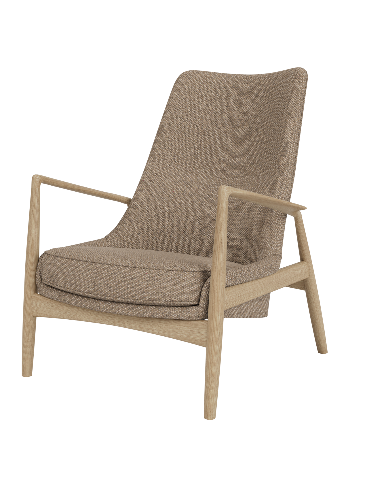 The Seal Lounge Chair, High Back, with a natural oak frame and textured Logan Flint fabric upholstery.