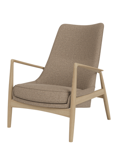 The Seal Lounge Chair, High Back, with a natural oak frame and textured Logan Flint fabric upholstery.