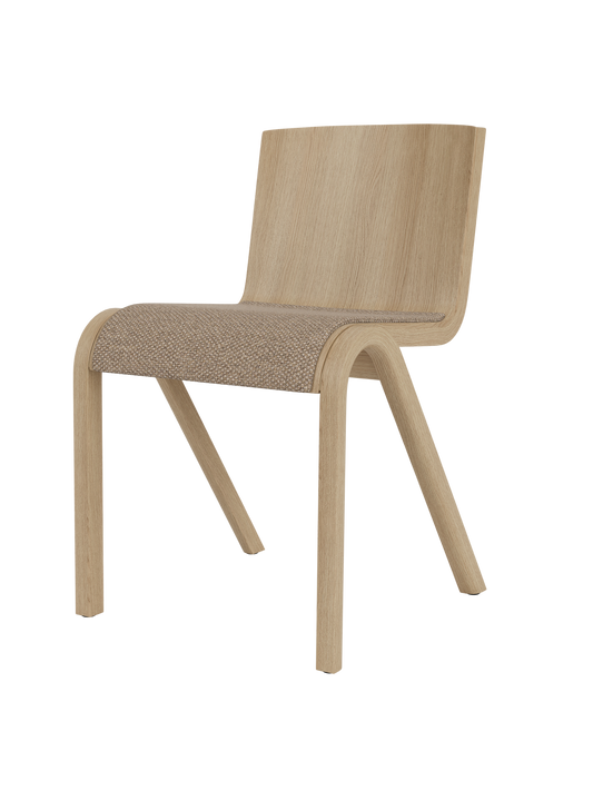 Ready Dining Chair in natural oak with Logan Flint upholstered seat, featuring a modern cantilevered silhouette.