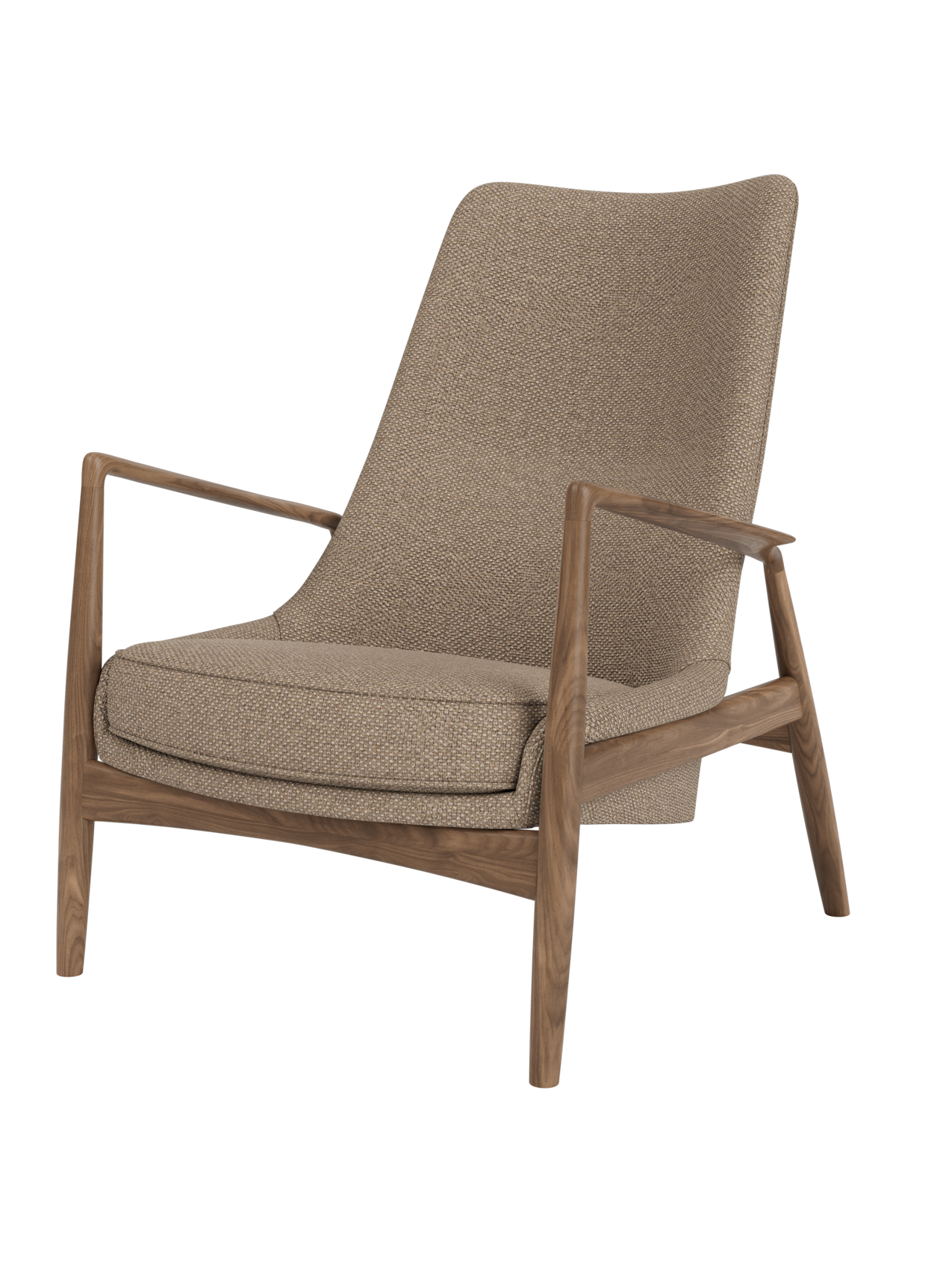 The Seal Lounge Chair, High Back featuring Logan Flint fabric upholstery and a sculpted solid walnut frame.