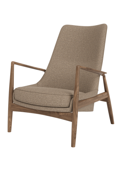 The Seal Lounge Chair, High Back featuring Logan Flint fabric upholstery and a sculpted solid walnut frame.