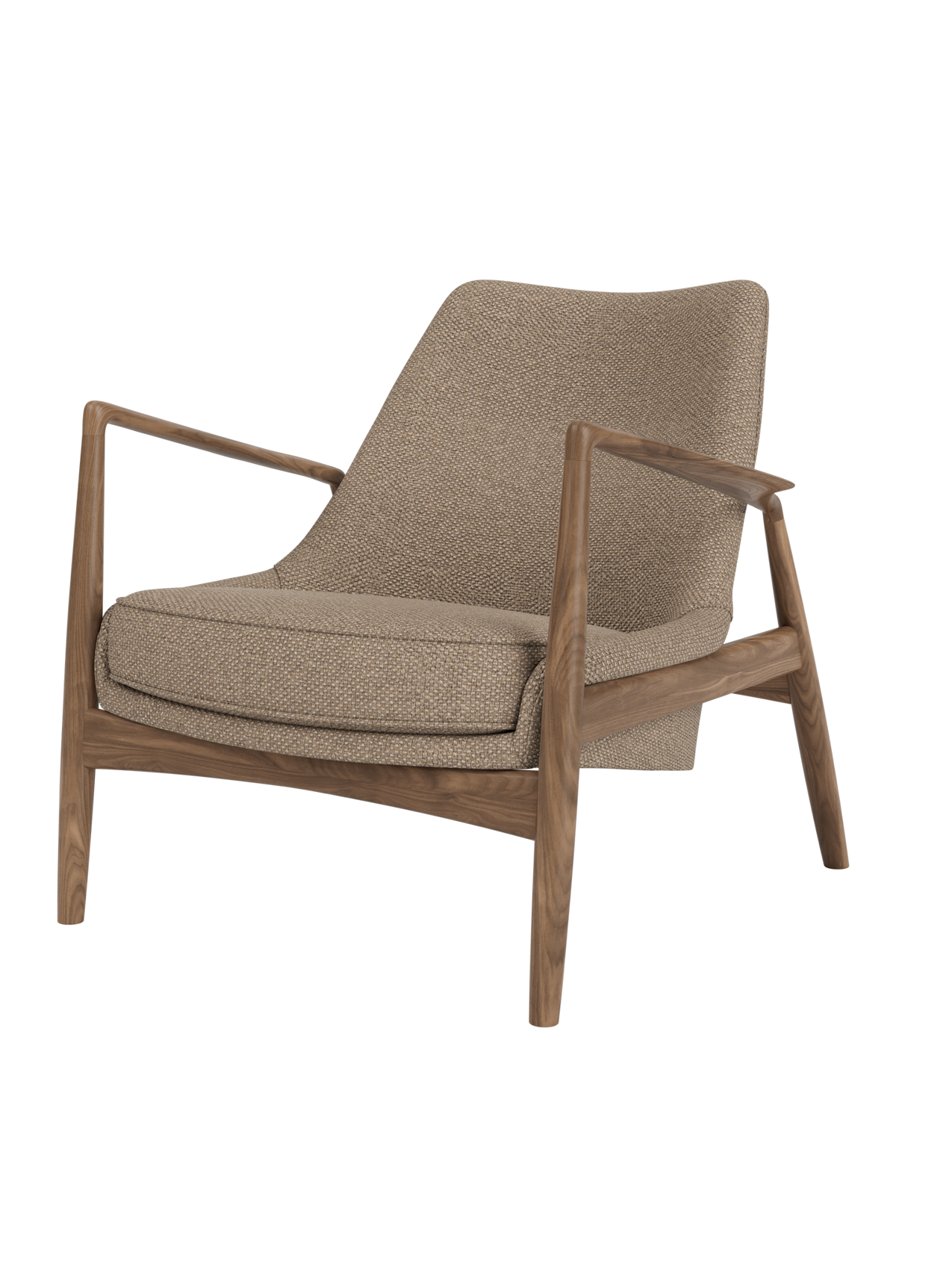 The Seal Lounge Chair, Low Back, with an angled walnut frame and textured Logan Flint fabric upholstery.