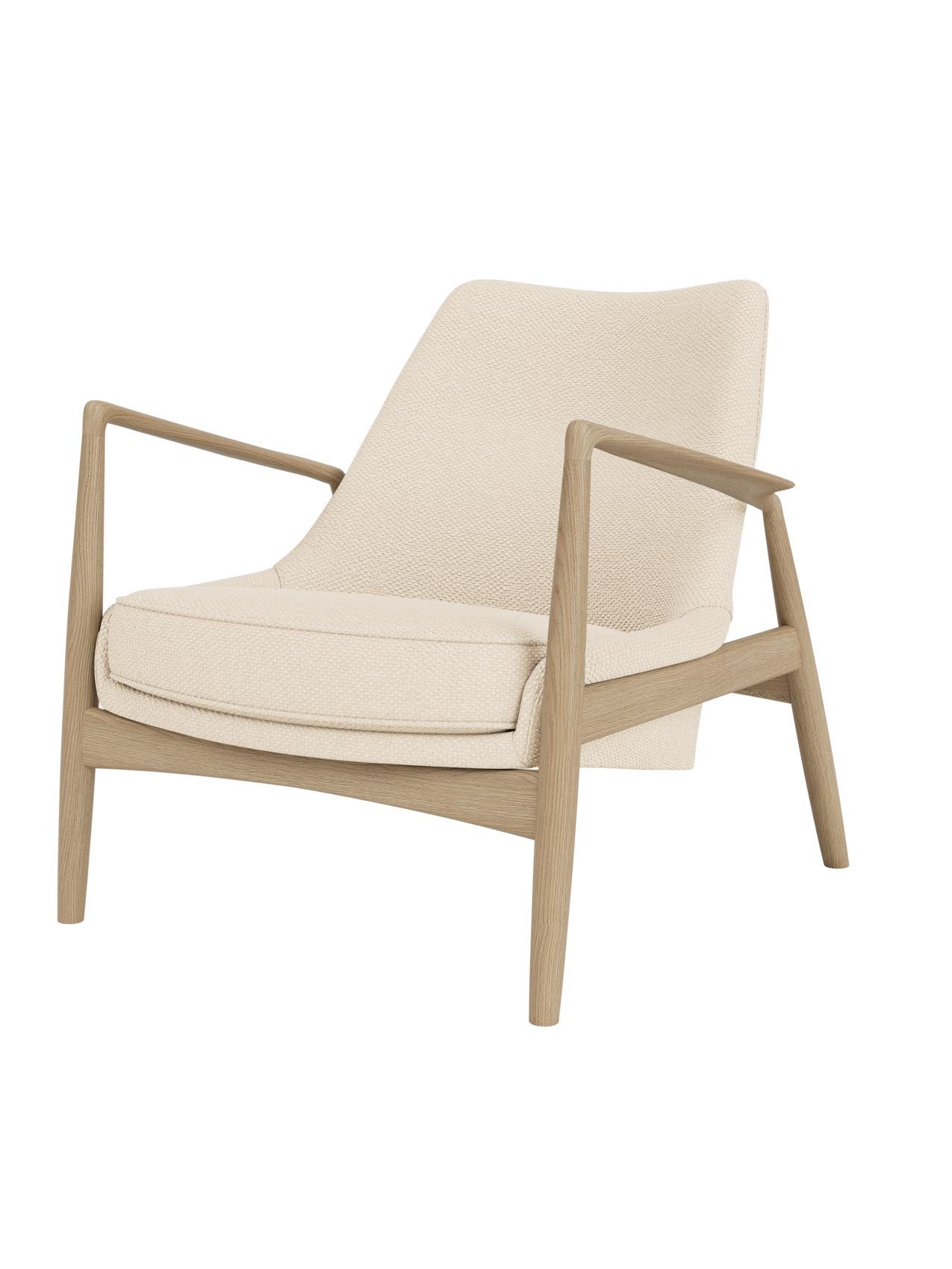 The Seal Lounge Chair, Low Back in natural oak with textured Logan Jasmine upholstery and angled armrests.