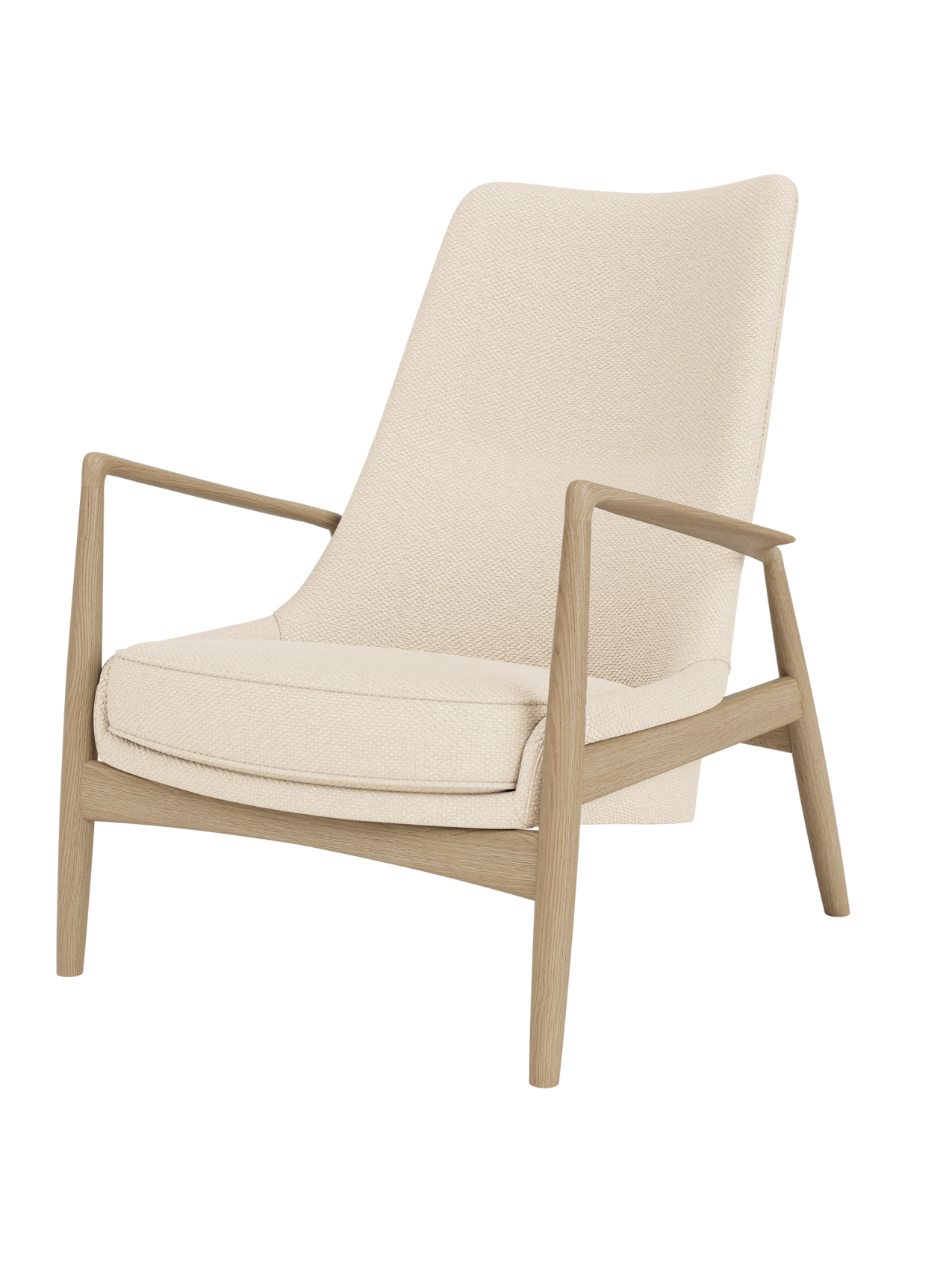 The Seal Lounge Chair, High Back, featuring a natural oak frame and Logan Jasmine cream textured upholstery.