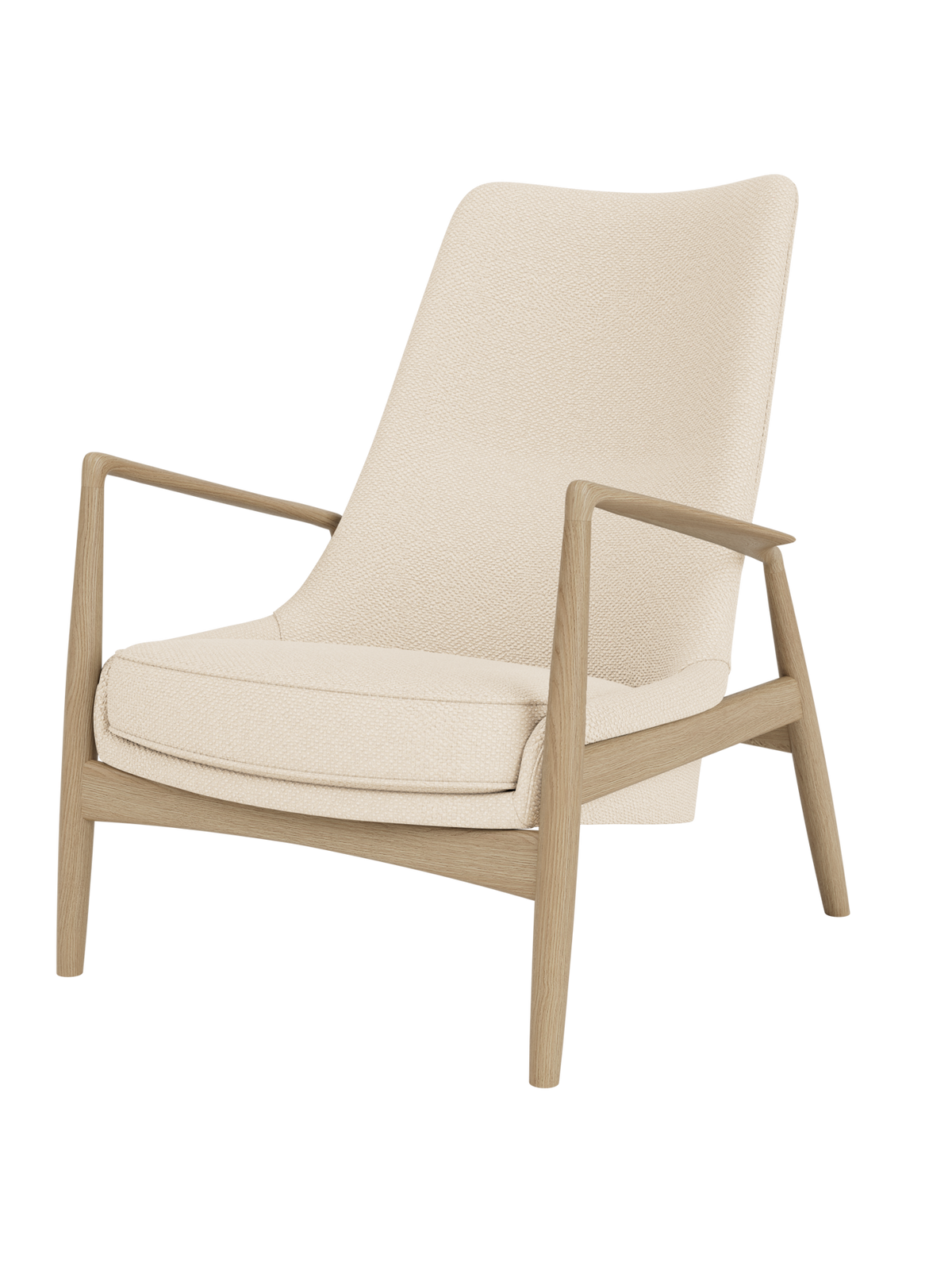 The Seal Lounge Chair, High Back, featuring a natural oak frame and Logan Jasmine cream textured upholstery.