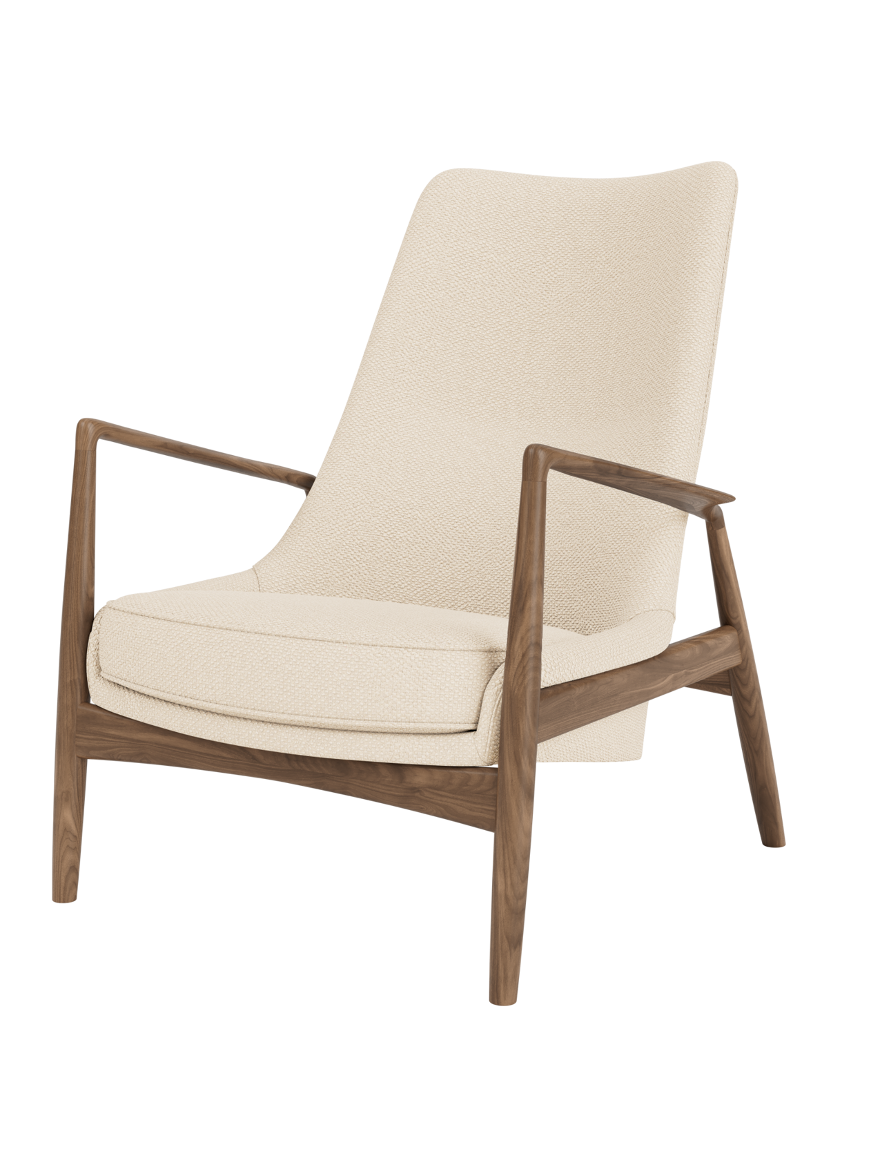 The Seal Lounge Chair, High Back featuring a solid walnut frame and cream Logan Jasmine textured upholstery.