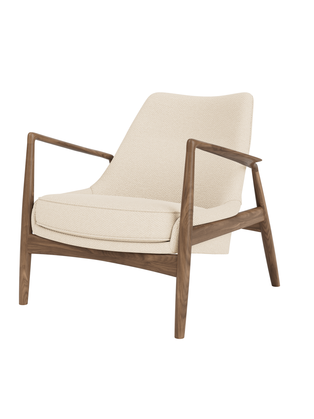 The Seal Lounge Chair, Low Back in walnut with textured Logan Jasmine cream fabric and signature angled wooden arms.