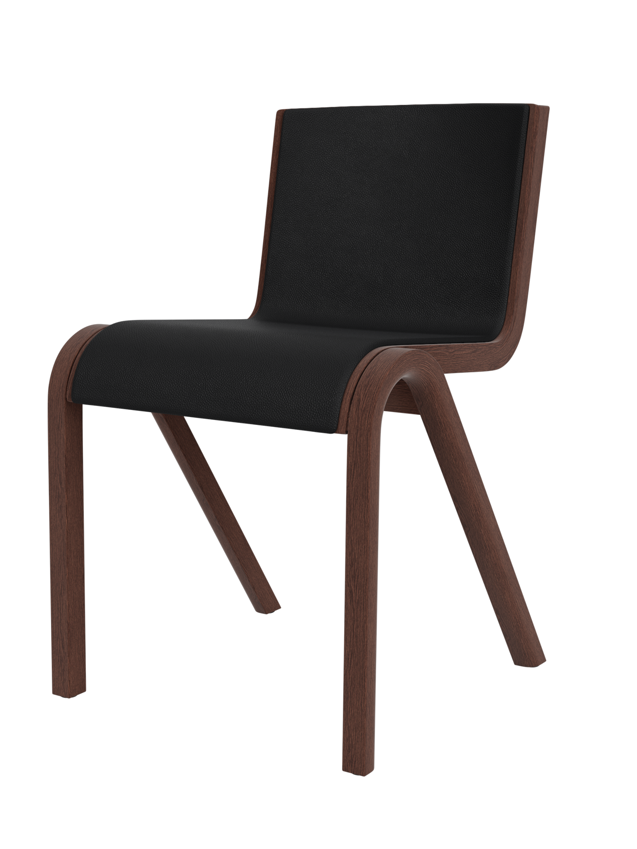 Ready Dining Chair in red stained oak with black leather front upholstery and a modern cantilevered wood frame.