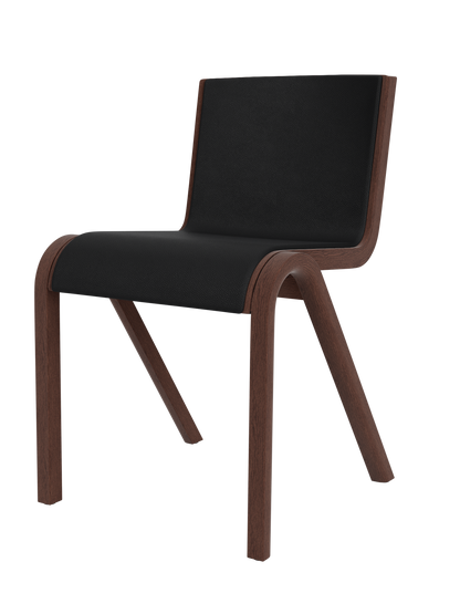Ready Dining Chair in red stained oak with black leather front upholstery and a modern cantilevered wood frame.