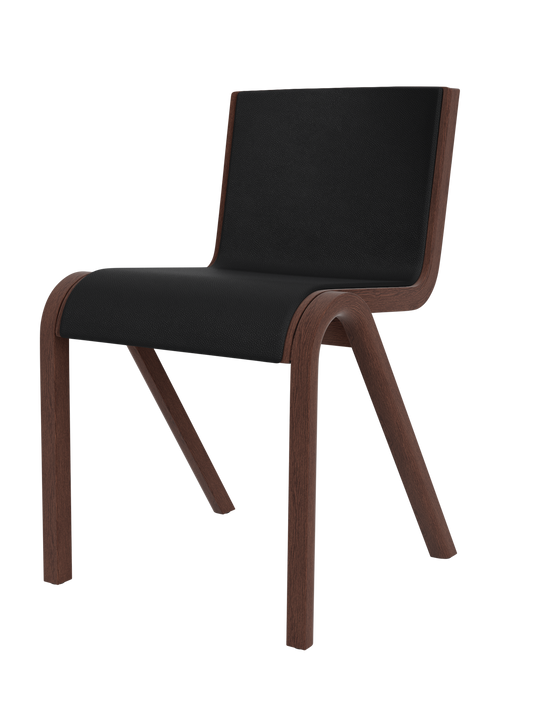 Ready Dining Chair in red stained oak with black leather front upholstery and a modern cantilevered wood frame.