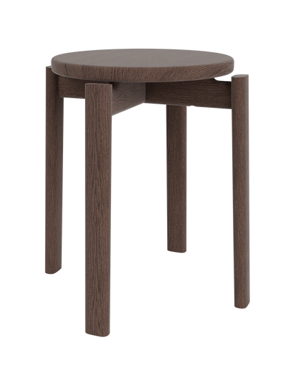Round dark brown oak stool with thick circular seat and four straight rectangular legs, visible wood grain texture