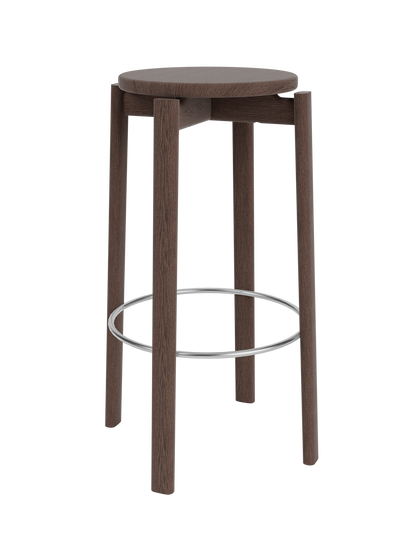 Dark brown wooden round-top bar stool with four straight legs and chrome circular footrest