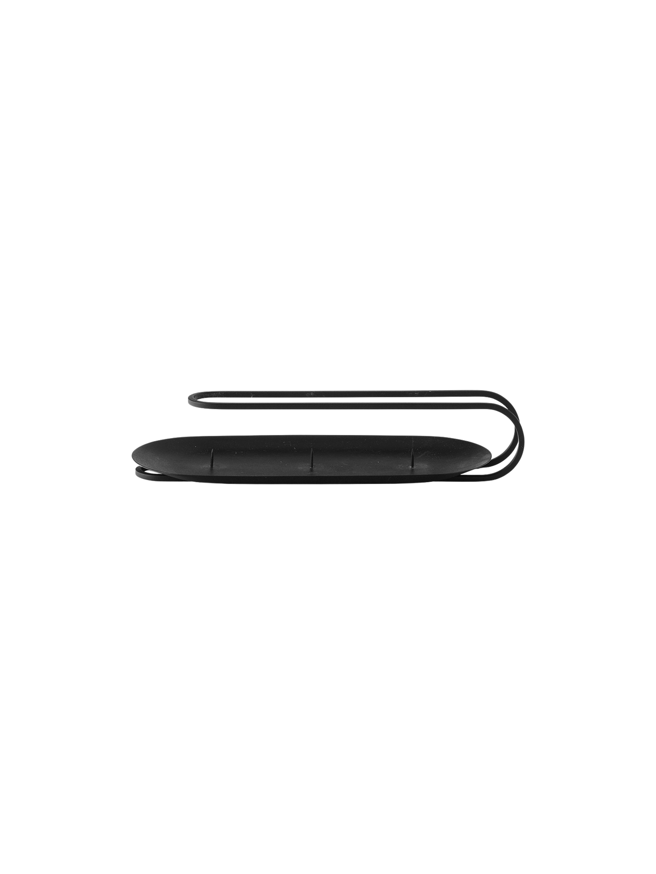 Front view of the black Clip Candle Holder Table 3-arm with a long oval base for three candles and a minimalist looped handle
