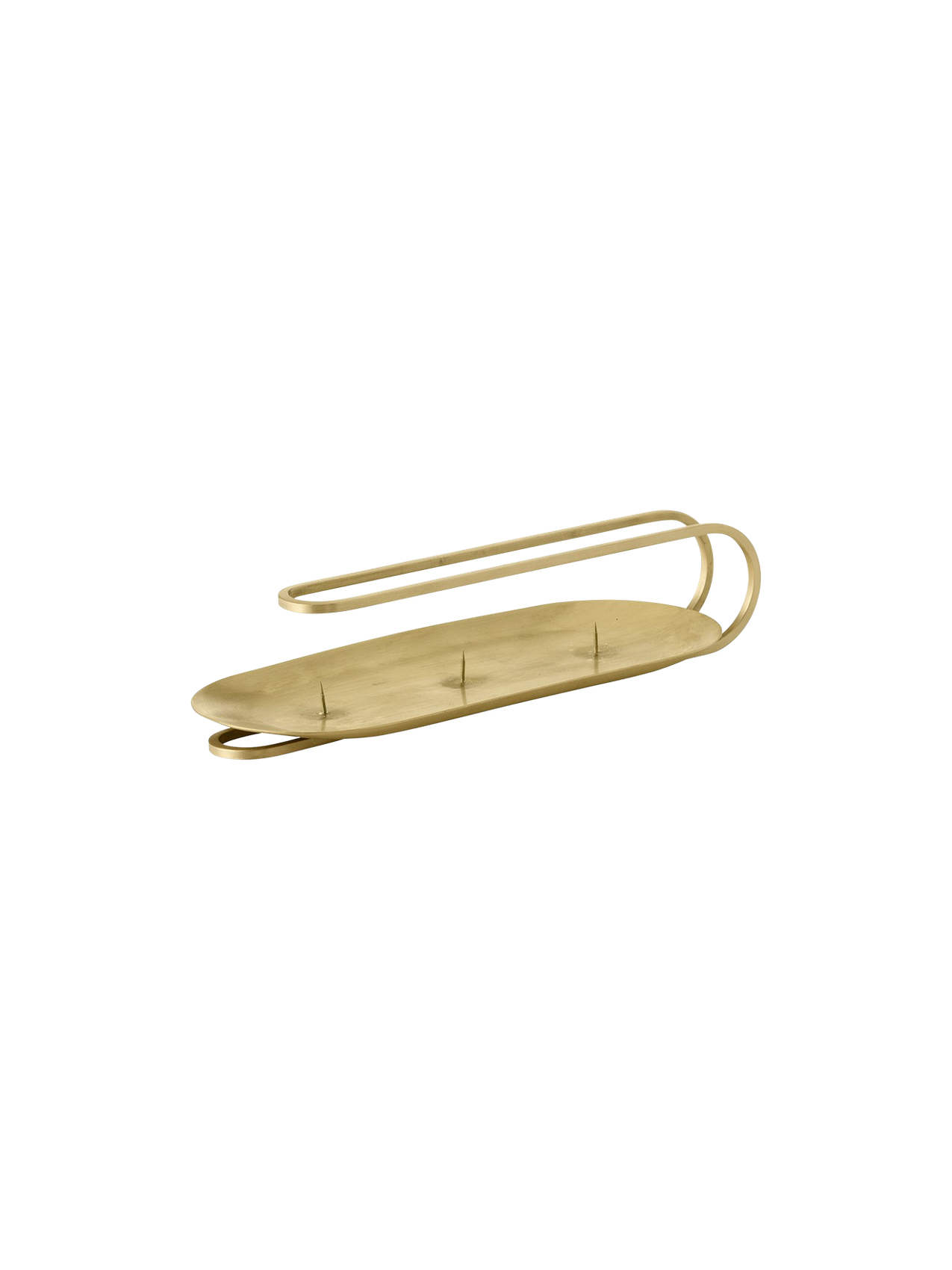 Angled view of the brass Clip Candle Holder Table 3-arm, a minimalist design with a curved handle and an oval base.