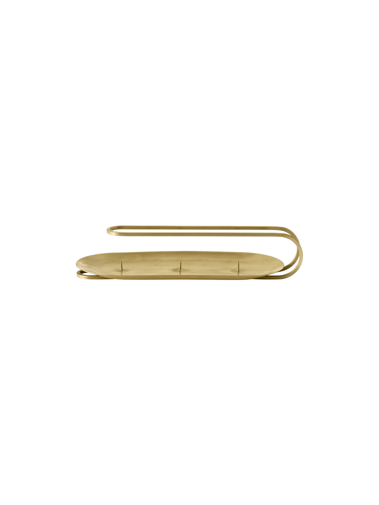 Front view of the brass Clip Candle Holder, a 3-arm design with an oval base and a curved handle, against a black background.