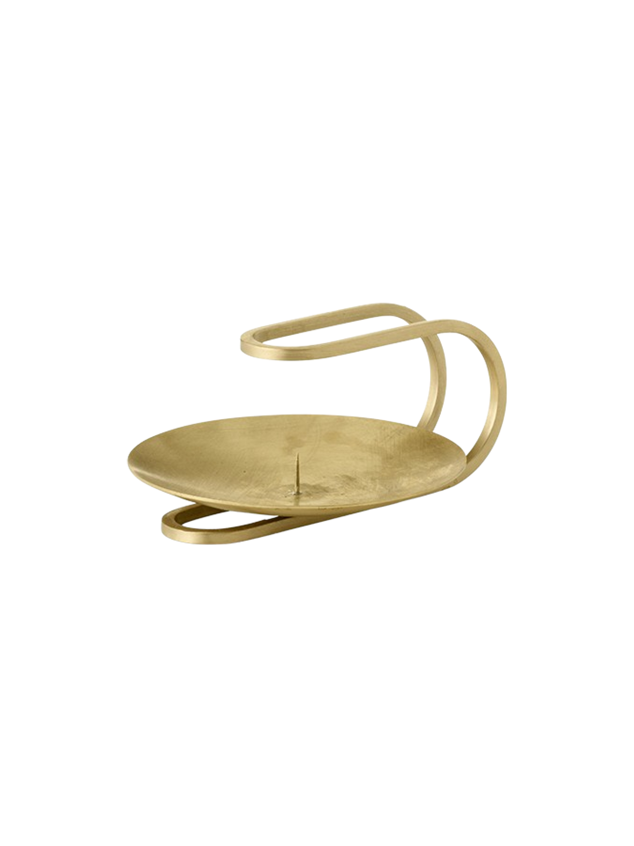 The sculptural Clip Candle Holder in brushed brass, featuring a circular tray with a candle spike and looped handle.