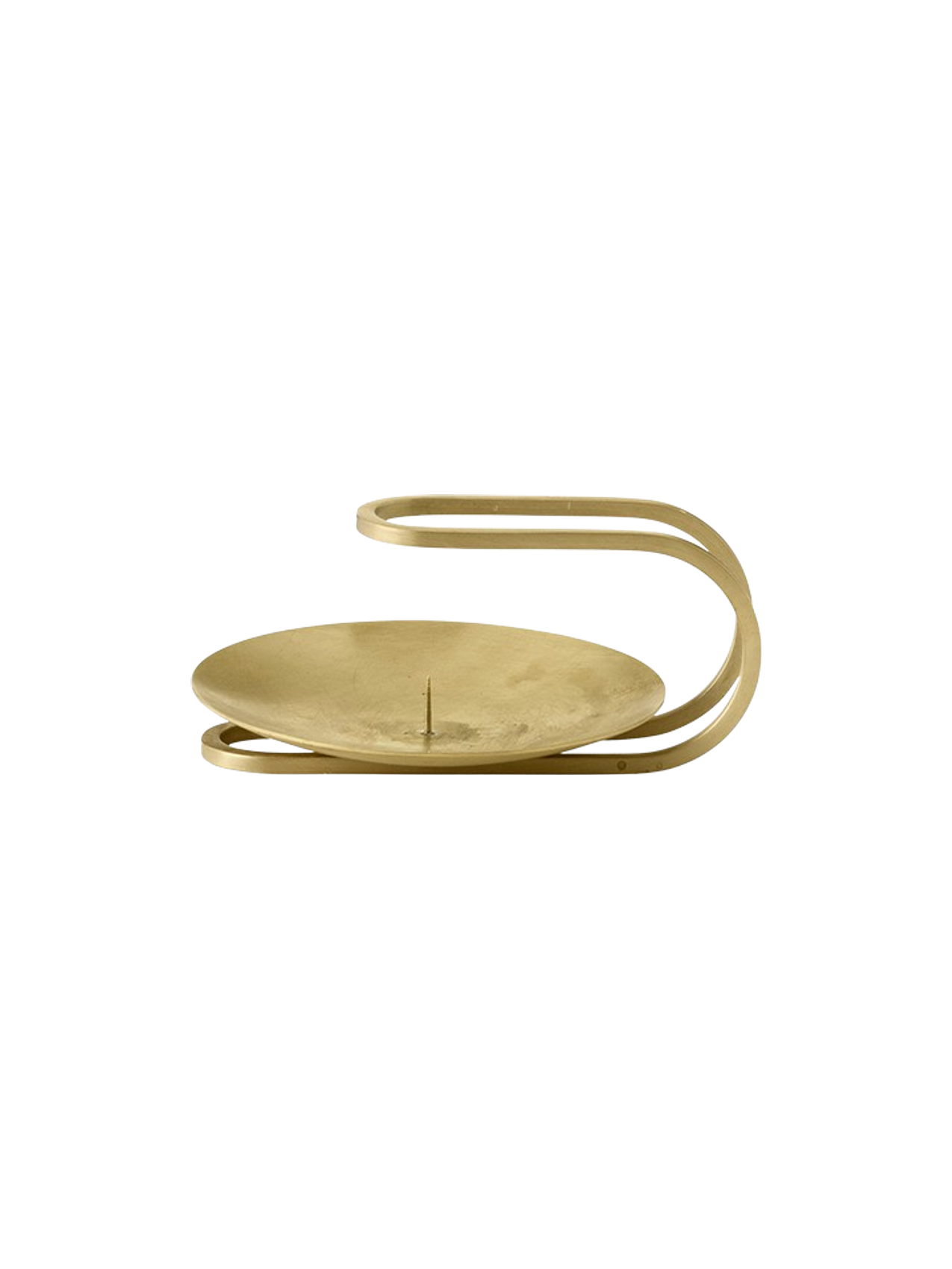 Front view of the Clip Candle Holder in brushed brass. Minimalist design with a round tray, spike and elegant handle.