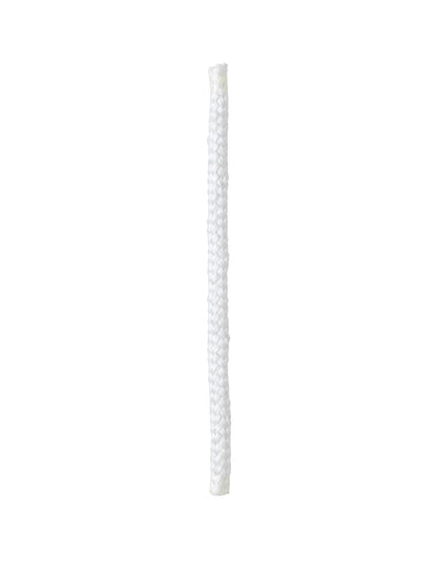 A close-up of a short, thick, white braided rope, positioned vertically against a white background.