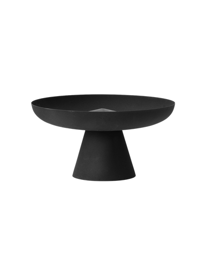 A front-on view of the black Meira Oil Lantern. The steel lantern features a wide, shallow bowl resting on a conical base.