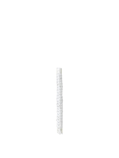 A close-up, vertical shot of a short piece of thick, white braided rope against a plain white background.