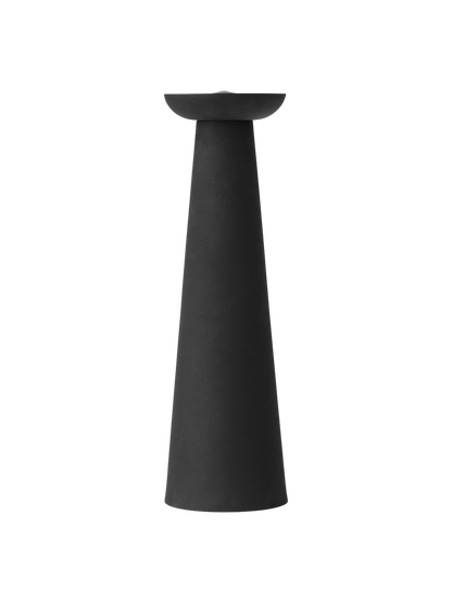 Front view of the Meira Oil Lantern. A tall, black steel lantern with a cone-shaped body and a bowl-shaped top.