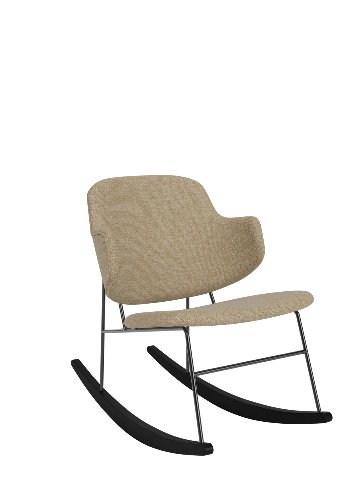 The Penguin Rocking Chair by Ib Kofod-Larsen in beige Audo Bouclé 02 upholstery with a black steel frame and rockers.