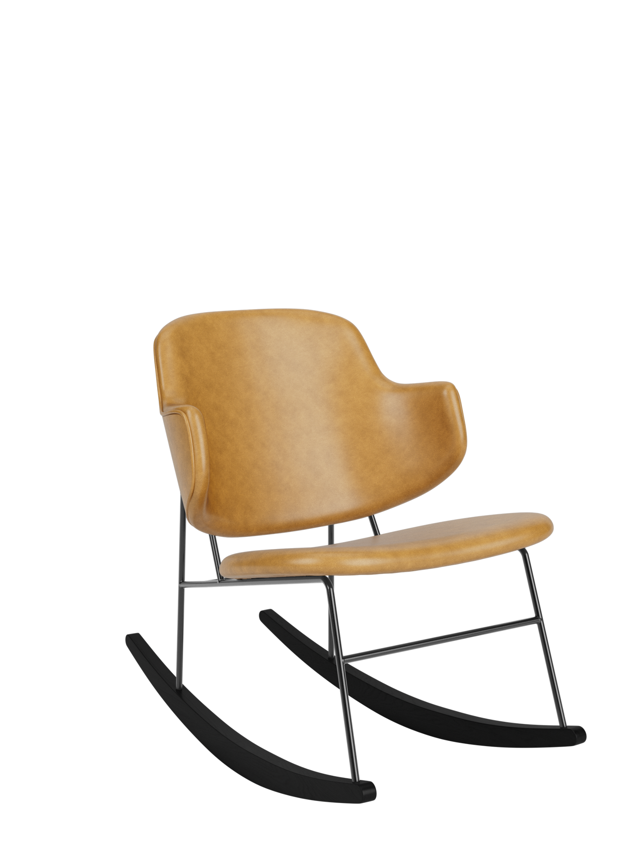 The Penguin Rocking Chair featuring tan leather upholstery, a slim black steel frame and curved rockers.