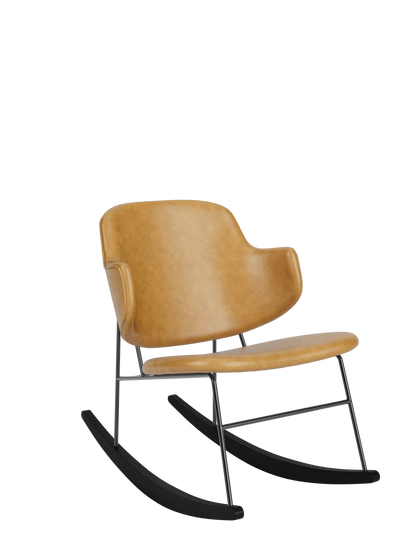 The Penguin Rocking Chair featuring tan leather upholstery, a slim black steel frame and curved rockers.