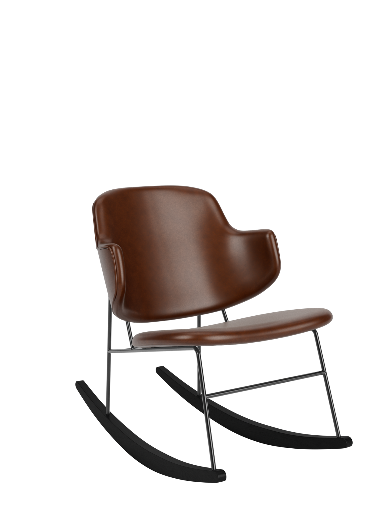 The Penguin Rocking Chair in brown leather, featuring a sculptural curved back and slim steel frame on black rockers.