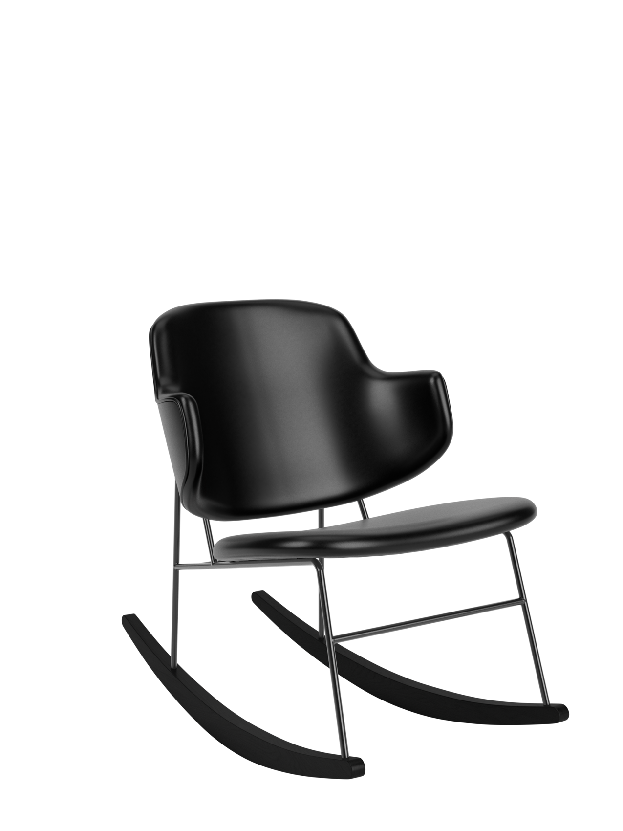 The Penguin Rocking Chair in black leather, featuring a sculptural upholstered seat and slim steel frame on rockers.