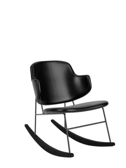 The Penguin Rocking Chair in black leather, featuring a sculptural upholstered seat and slim steel frame on rockers.
