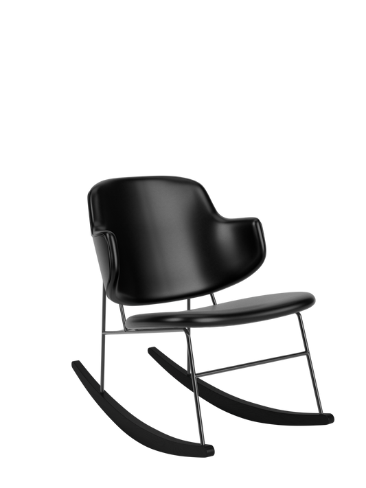 The Penguin Rocking Chair in black leather, featuring a sculptural upholstered seat and slim steel frame on rockers.